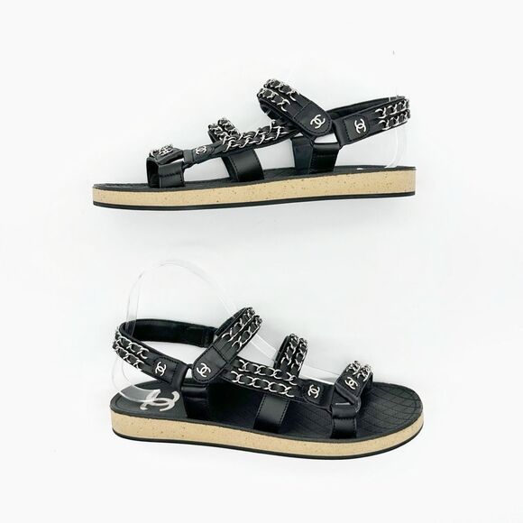 CHANEL 2022 Black Chain Interlocking CC Dad Sandals Size 40 Open Toe Slingback - Picture 4 of 15